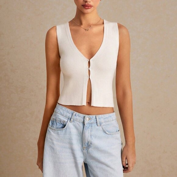 Beige Casual Women's Solid Color Sleeveless Knit Top Tank - Picture 7 of 7